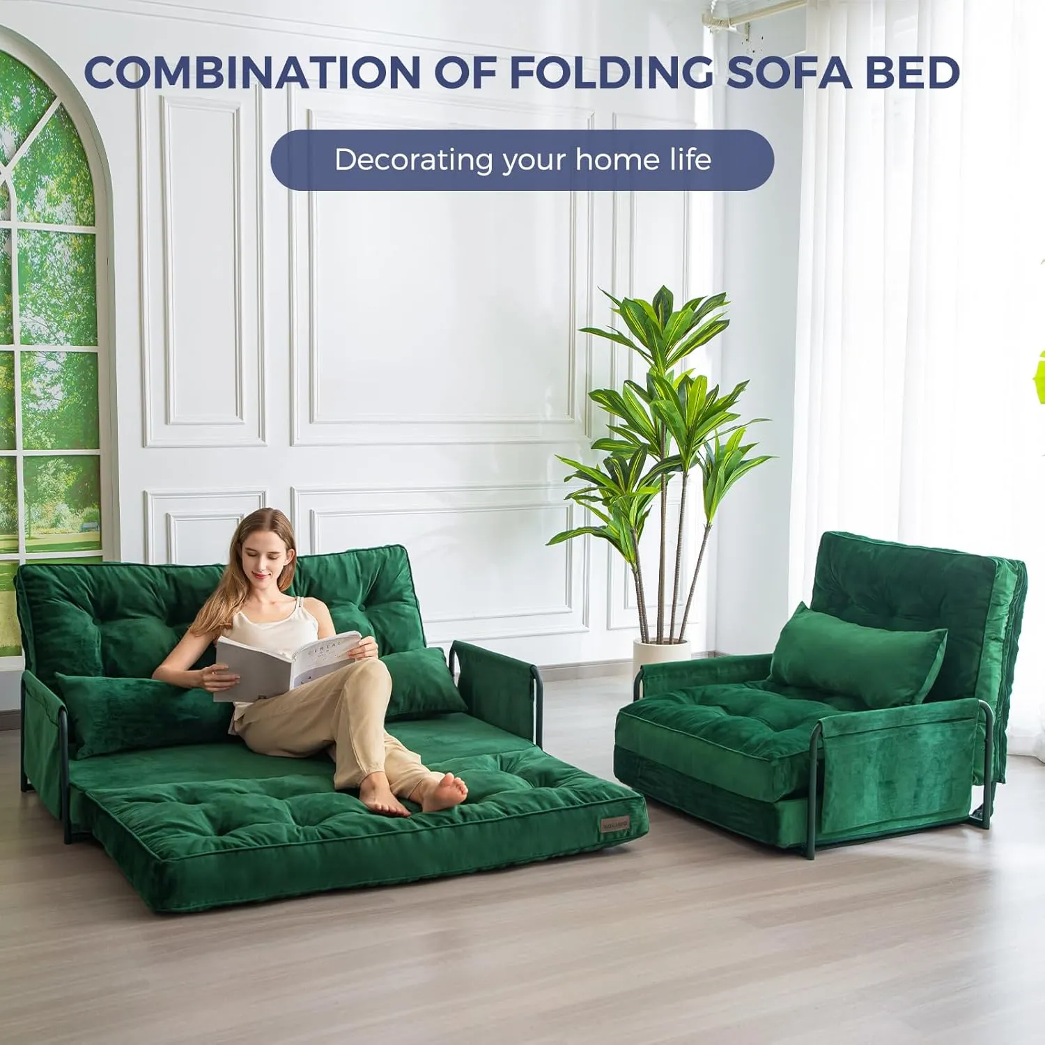 Adjustable Floor Sofa Couch, 5-Position Convertible Lazy Sofa Sleeper Bed with 2 Pillows