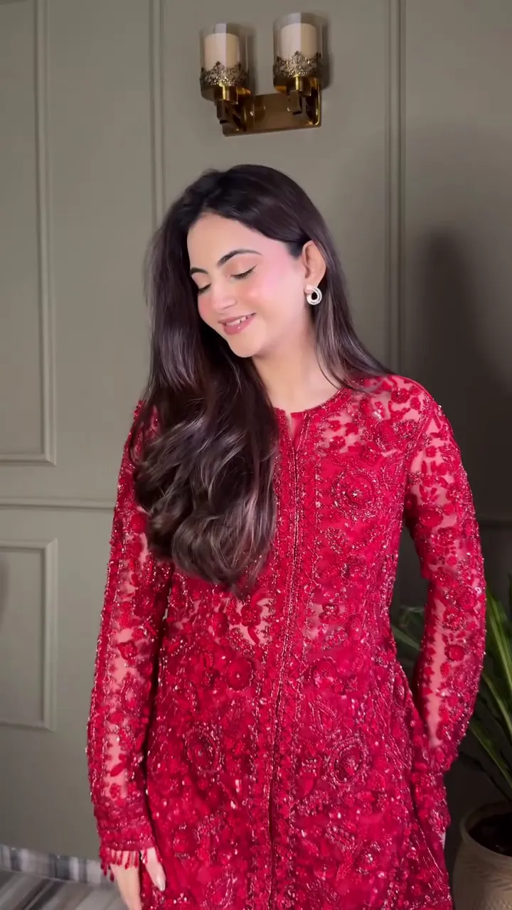Deep Red All‑Over Embellished Long Straight Kurta with Matching Flared Sharara Pants Festive & Wedding Suit Set